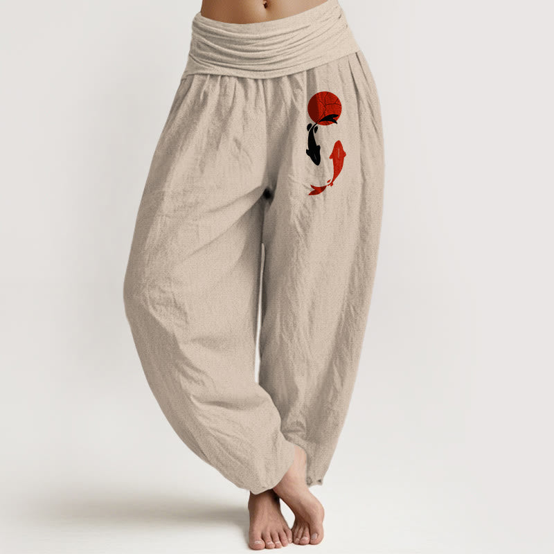 Buddha Stones Pantaloni harem da donna in puro cotone con elastico in vita e motivo sole rosso e pesce koi - Abbronzatura - US16, UK/AU20, EU48 (3XL) - image 8