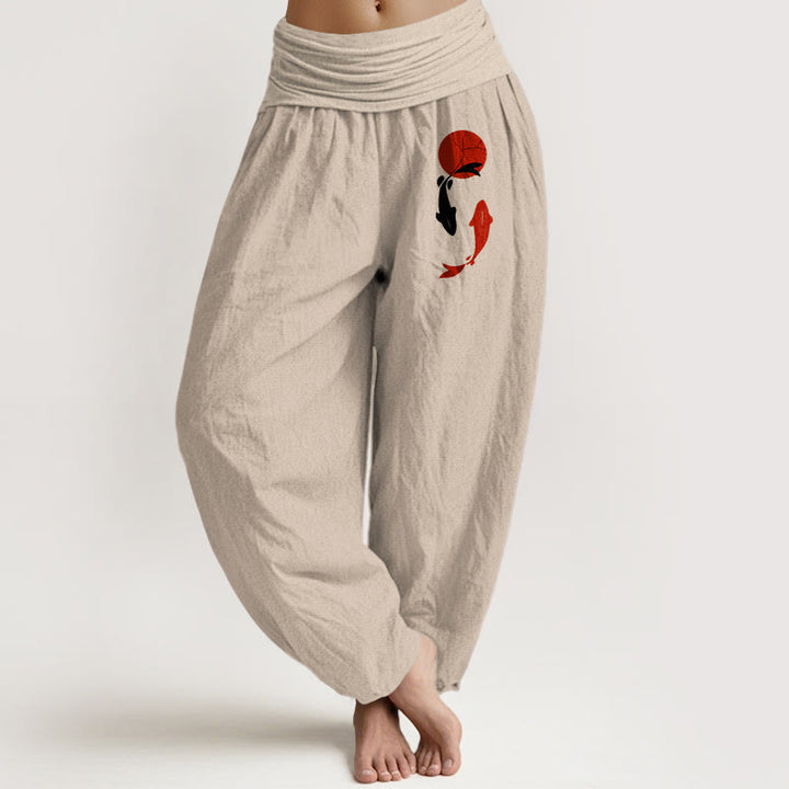 Buddha Stones Pantaloni harem da donna in puro cotone con elastico in vita e motivo sole rosso e pesce koi - Abbronzatura - US16, UK/AU20, EU48 (3XL) - image 8