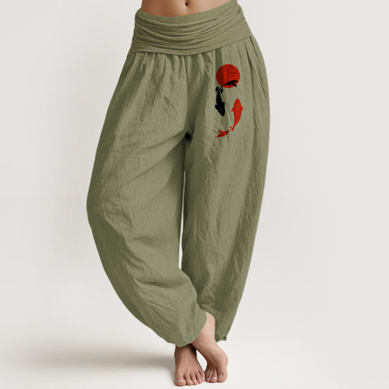 Buddha Stones Pantaloni harem da donna in puro cotone con elastico in vita e motivo sole rosso e pesce koi - Verde oliva - US16, UK/AU20, EU48 (3XL) - image 11