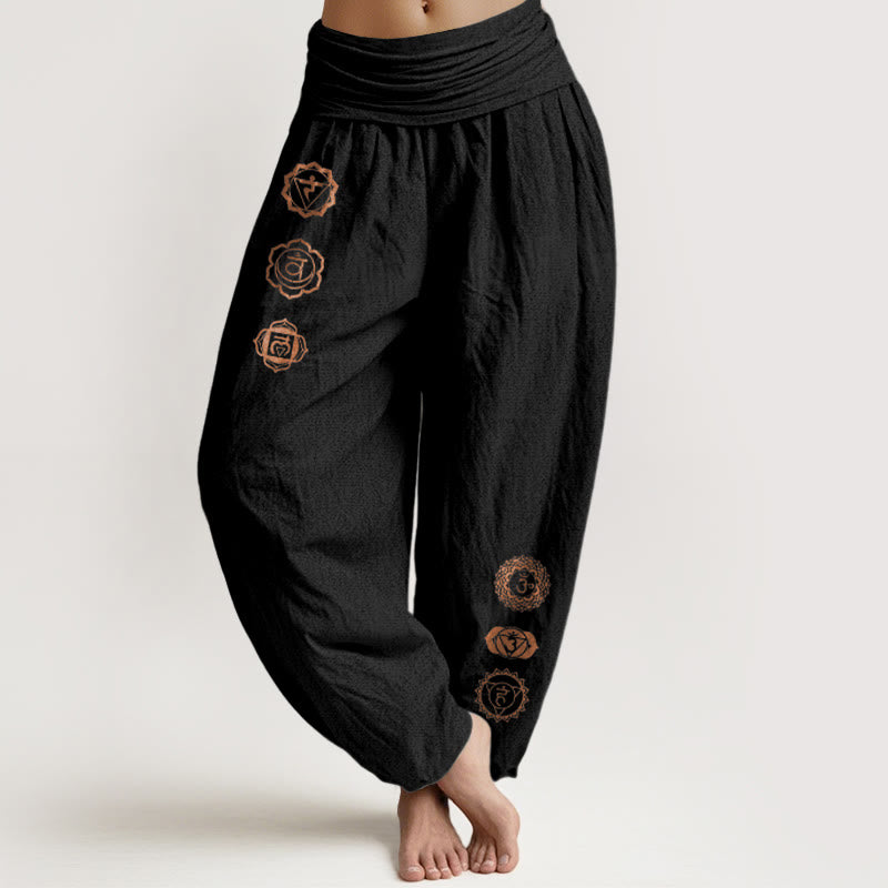 Buddha Stones Pantaloni harem da donna in puro cotone con elastico in vita e motivo con simbolo chakra casual - Nero - US16, UK/AU20, EU48 (3XL) - image 0