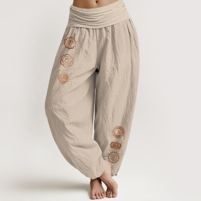 Buddha Stones Pantaloni harem da donna in puro cotone con elastico in vita e motivo con simbolo chakra casual - Tan - US16, UK/AU20, EU48 (3XL) - image 11