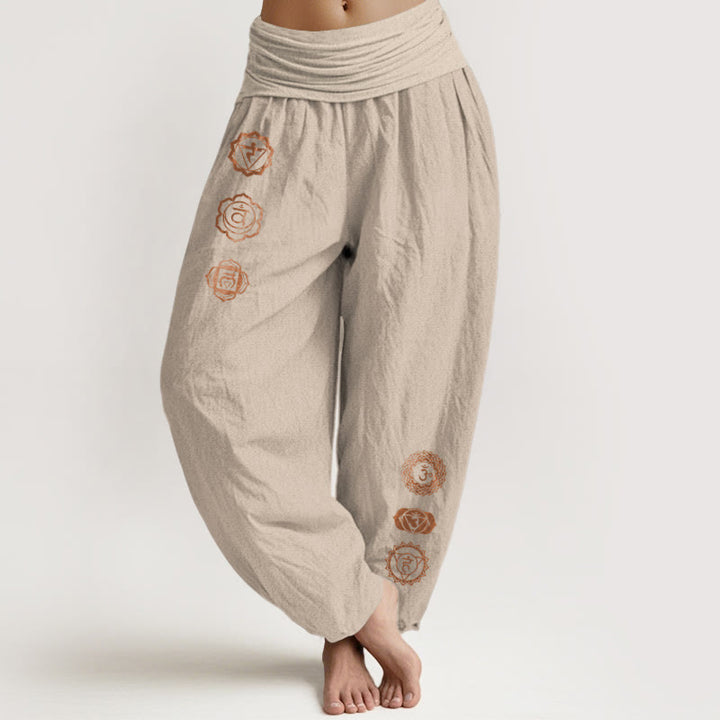 Buddha Stones Pantaloni harem da donna in puro cotone con elastico in vita e motivo con simbolo chakra casual - Tan - US16, UK/AU20, EU48 (3XL) - image 11