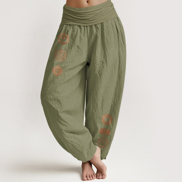 Buddha Stones Pantaloni harem da donna in puro cotone con elastico in vita e motivo con simbolo chakra casual - Verde oliva - US16, UK/AU20, EU48 (3XL) - image 14
