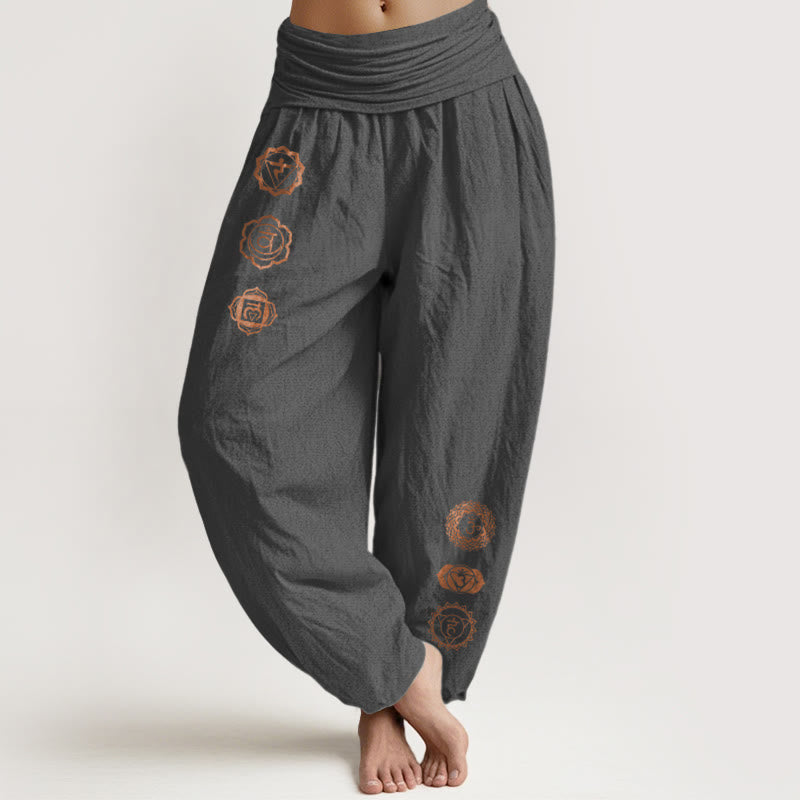 Buddha Stones Pantaloni harem da donna in puro cotone con elastico in vita e motivo con simbolo chakra casual - Grigio scuro - US16, UK/AU20, EU48 (3XL) - image 8
