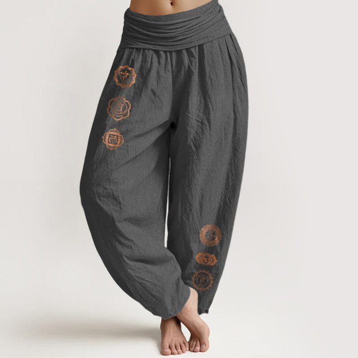 Buddha Stones Pantaloni harem da donna in puro cotone con elastico in vita e motivo con simbolo chakra casual - Grigio tenue - US16, UK/AU20, EU48 (3XL) - image 8