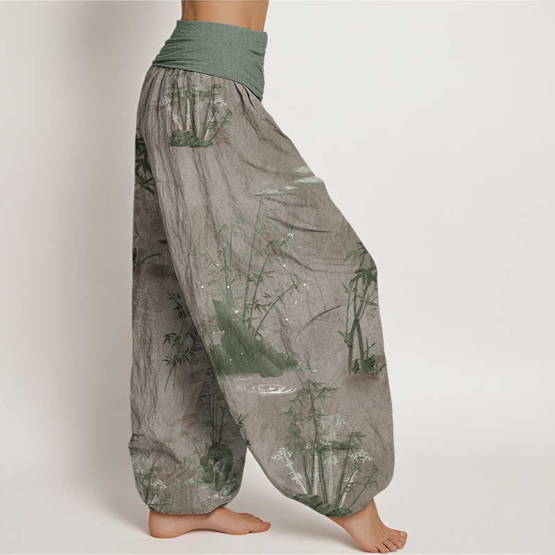 Pantaloni harem da donna con elastico in vita, in puro cotone, casual, con Buddha Stones di bambù e pittura a inchiostro - image 8