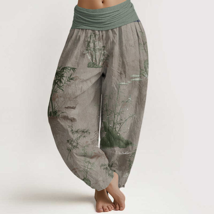 Pantaloni harem da donna con elastico in vita, in puro cotone, casual, con Buddha Stones di bambù e pittura a inchiostro - Abbronzatura - US22, UK/AU26, EU54 (6XL) - image 6