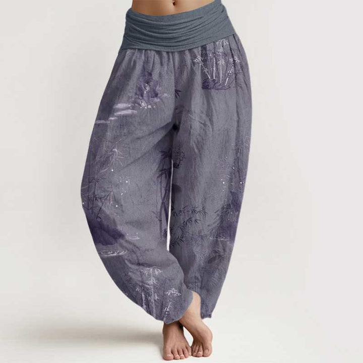 Pantaloni harem da donna con elastico in vita, in puro cotone, casual, con Buddha Stones di bambù e pittura a inchiostro - Grigio ardesia - US22, UK/AU26, EU54 (6XL) - image 0