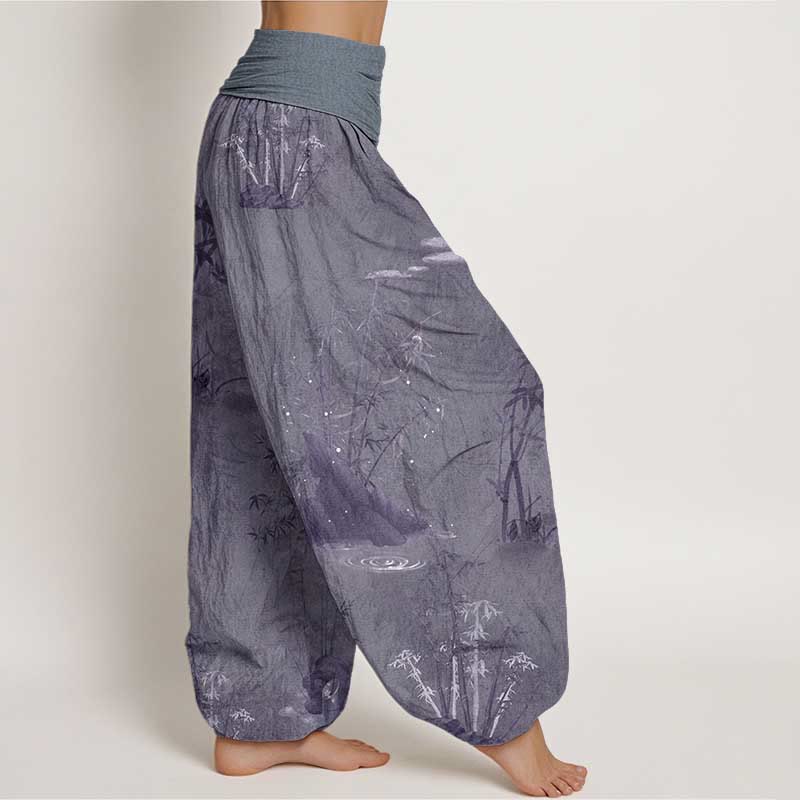 Pantaloni harem da donna con elastico in vita, in puro cotone, casual, con Buddha Stones di bambù e pittura a inchiostro - image 2