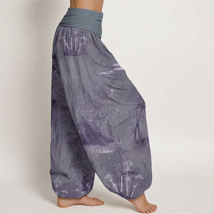 Pantaloni harem da donna con elastico in vita, in puro cotone, casual, con Buddha Stones di bambù e pittura a inchiostro - image 2