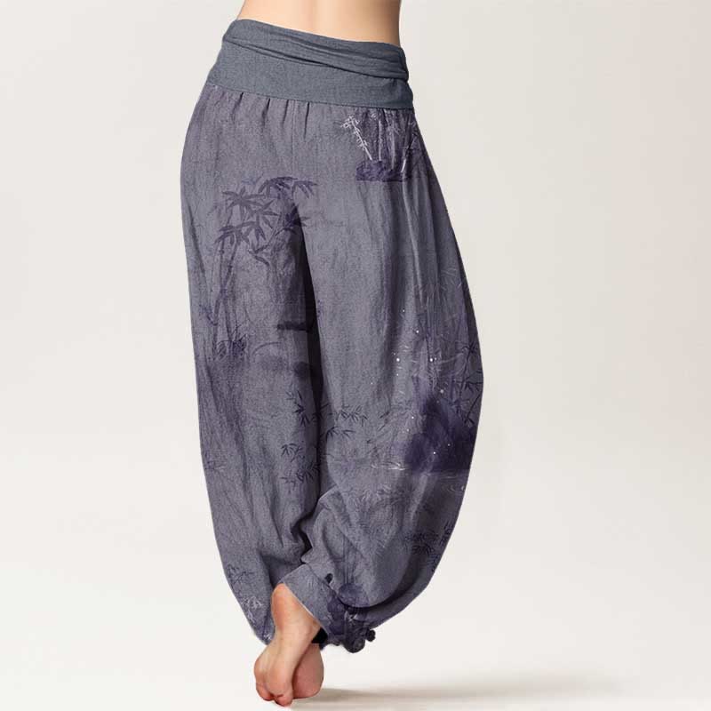 Pantaloni harem da donna con elastico in vita, in puro cotone, casual, con Buddha Stones di bambù e pittura a inchiostro - image 1