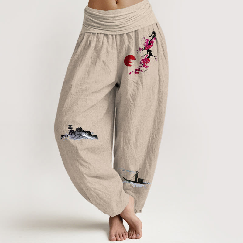 Pantaloni harem da donna in puro cotone con elastico in vita, motivo Buddha Stones Plum Blossoms Mountain Fisherman - Abbronzatura - US16, UK/AU20, EU48 (3XL) - image 0