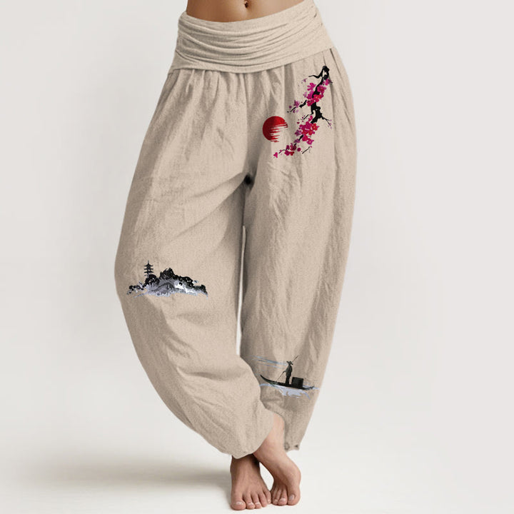 Pantaloni harem da donna in puro cotone con elastico in vita, motivo Buddha Stones Plum Blossoms Mountain Fisherman - Abbronzatura - US16, UK/AU20, EU48 (3XL) - image 0