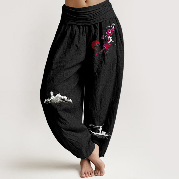 Pantaloni harem da donna in puro cotone con elastico in vita, motivo Buddha Stones Plum Blossoms Mountain Fisherman - Nero - US16, UK/AU20, EU48 (3XL) - image 8