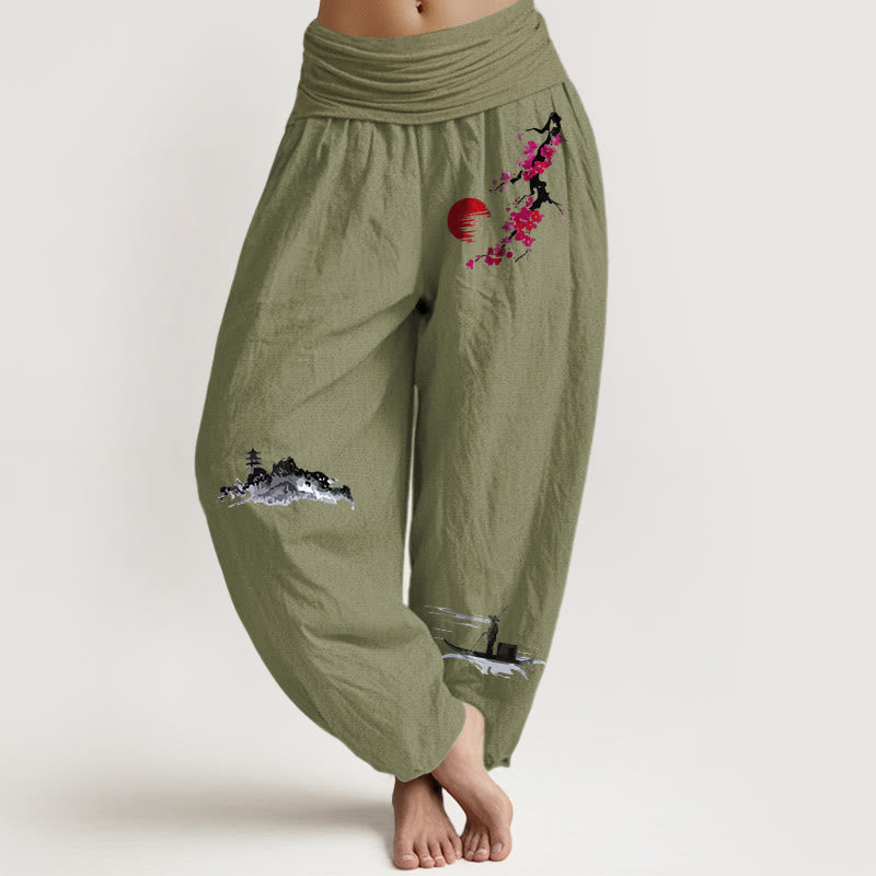 Pantaloni harem da donna in puro cotone con elastico in vita, motivo Buddha Stones Plum Blossoms Mountain Fisherman - Verde oliva - US16, UK/AU20, EU48 (3XL) - image 5