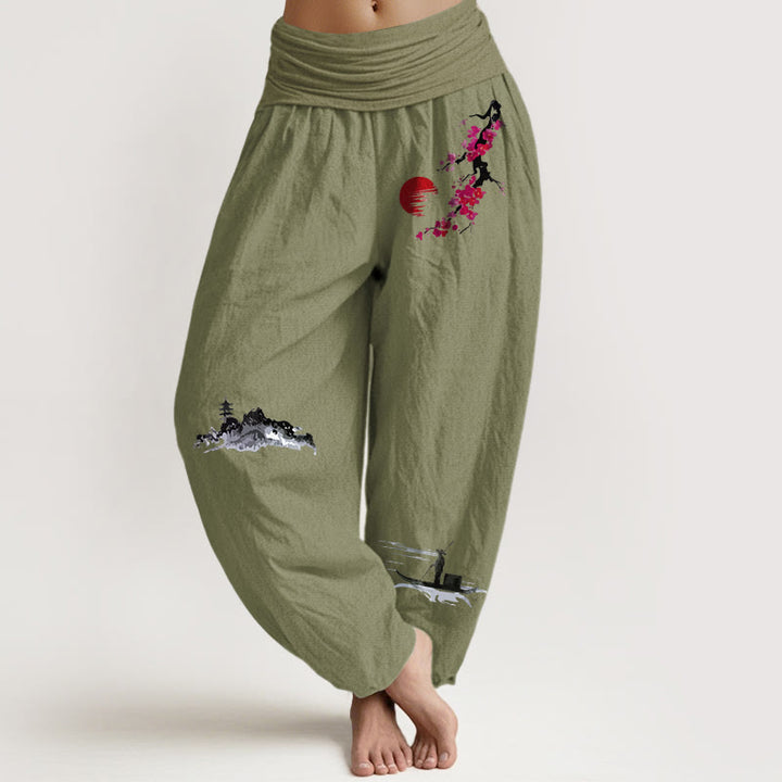 Pantaloni harem da donna in puro cotone con elastico in vita, motivo Buddha Stones Plum Blossoms Mountain Fisherman - Verde oliva - US16, UK/AU20, EU48 (3XL) - image 5