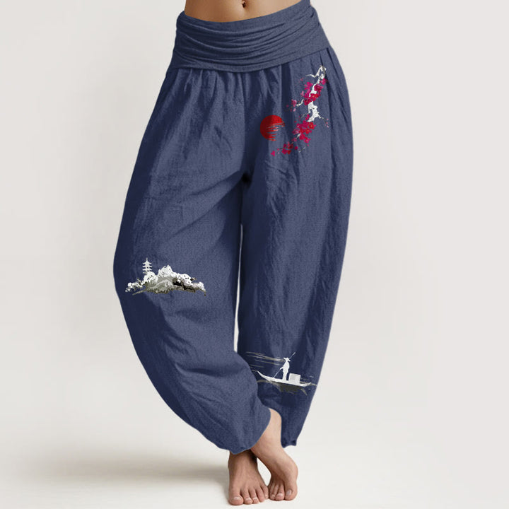 Pantaloni harem da donna in puro cotone con elastico in vita, motivo Buddha Stones Plum Blossoms Mountain Fisherman - DarkSlateBlue - US16, UK/AU20, EU48 (3XL) - image 11