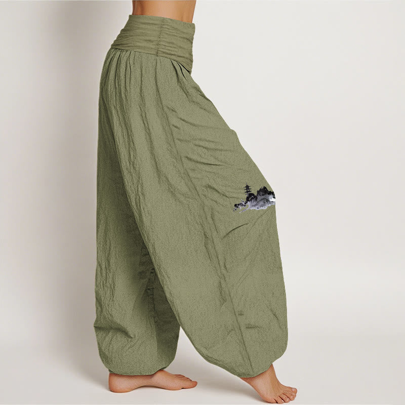 Pantaloni harem da donna in puro cotone con elastico in vita, motivo Buddha Stones Plum Blossoms Mountain Fisherman - image 7