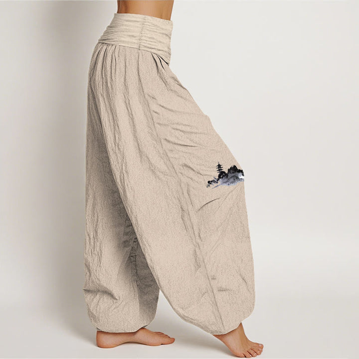 Pantaloni harem da donna in puro cotone con elastico in vita, motivo Buddha Stones Plum Blossoms Mountain Fisherman - image 2