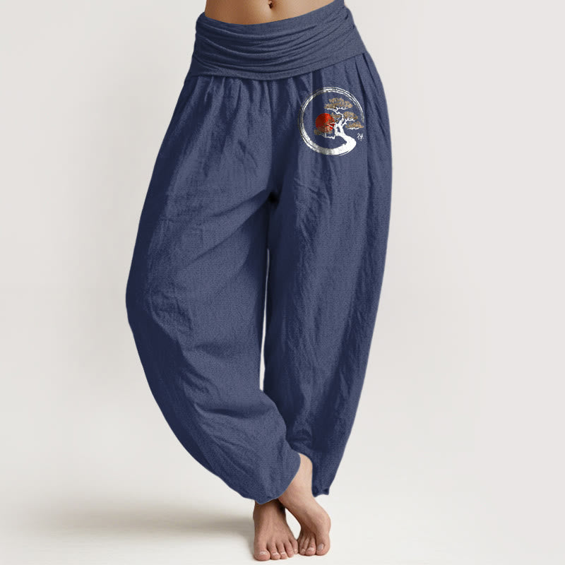 Pantaloni harem da donna in puro cotone con elastico in vita e motivo a carattere Zen Buddha Stones, albero di pino e sole rosso - Blu ardesia scuro - US16, UK/AU20, EU48 (3XL) - image 11