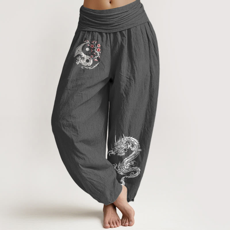 Pantaloni harem da donna in puro cotone con elastico in vita, motivo floreale, motivo con onde e drago Yin Yang Buddha Stones - Grigio tenue - US16, UK/AU20, EU48 (3XL) - image 8