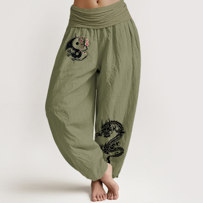Pantaloni harem da donna in puro cotone con elastico in vita, motivo floreale, motivo con onde e drago Yin Yang Buddha Stones - Verde oliva - US16, UK/AU20, EU48 (3XL) - image 14