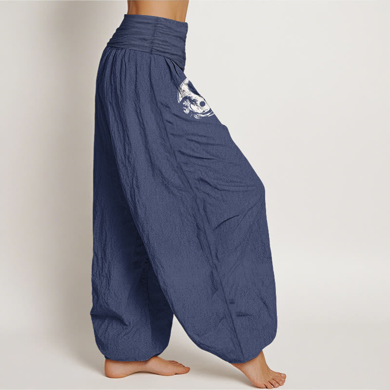 Pantaloni harem da donna in puro cotone con elastico in vita, motivo floreale, motivo con onde e drago Yin Yang Buddha Stones - image 7