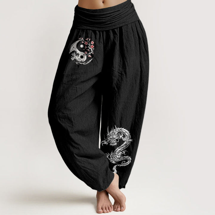 Pantaloni harem da donna in puro cotone con elastico in vita, motivo floreale, motivo con onde e drago Yin Yang Buddha Stones - Nero - US16, UK/AU20, EU48 (3XL) - image 0