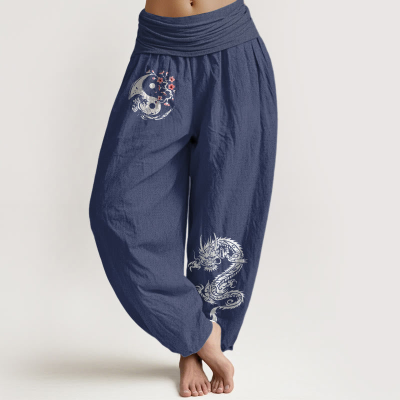 Pantaloni harem da donna in puro cotone con elastico in vita, motivo floreale, motivo con onde e drago Yin Yang Buddha Stones - Blu ardesia scuro - US16, UK/AU20, EU48 (3XL) - image 5