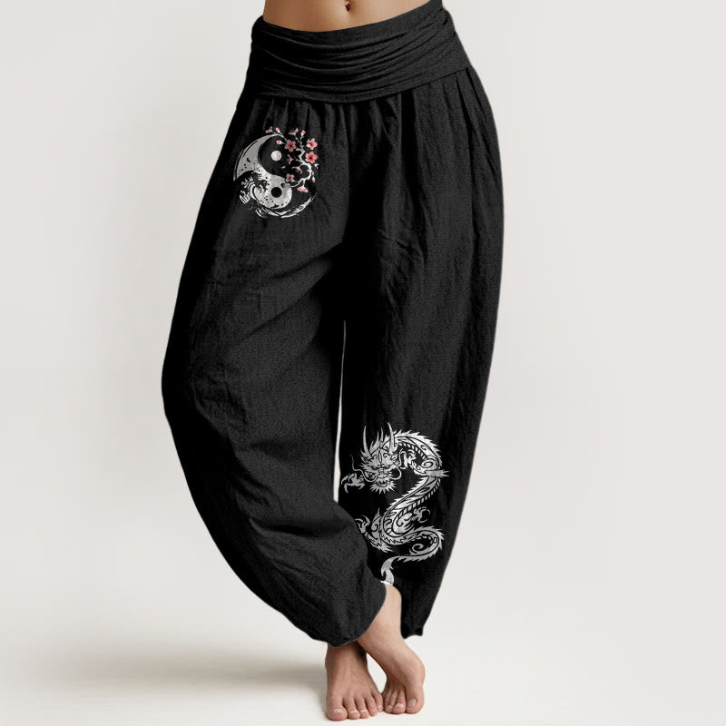Pantaloni harem da donna in puro cotone con elastico in vita, motivo floreale, motivo con onde e drago Yin Yang Buddha Stones - Nero - US16, UK/AU20, EU48 (3XL) - image 0