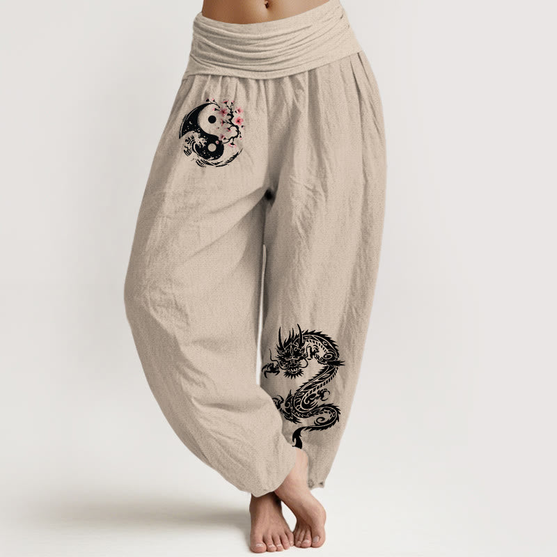 Pantaloni harem da donna in puro cotone con elastico in vita, motivo floreale, motivo con onde e drago Yin Yang Buddha Stones - Tan - US16, UK/AU20, EU48 (3XL) - image 11