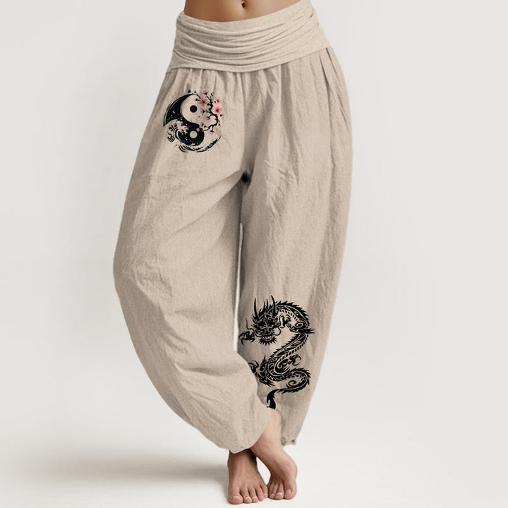 Pantaloni harem da donna in puro cotone con elastico in vita, motivo floreale, motivo con onde e drago Yin Yang Buddha Stones - Tan - US16, UK/AU20, EU48 (3XL) - image 11