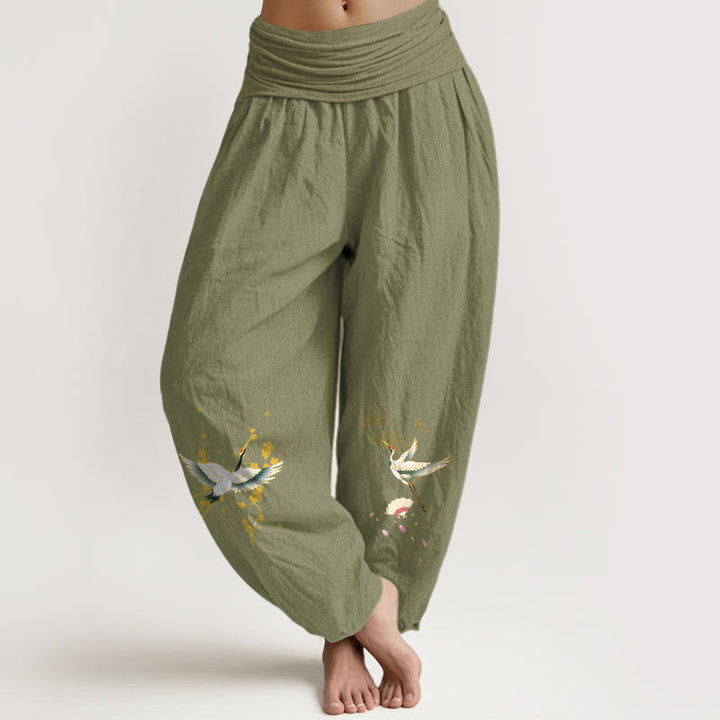 Pantaloni harem da donna in puro cotone con elastico in vita, motivo floreale, motivo con gru, nuvole di buon auspicio Buddha Stones - Verde oliva - US16, UK/AU20, EU48 (3XL) - image 8