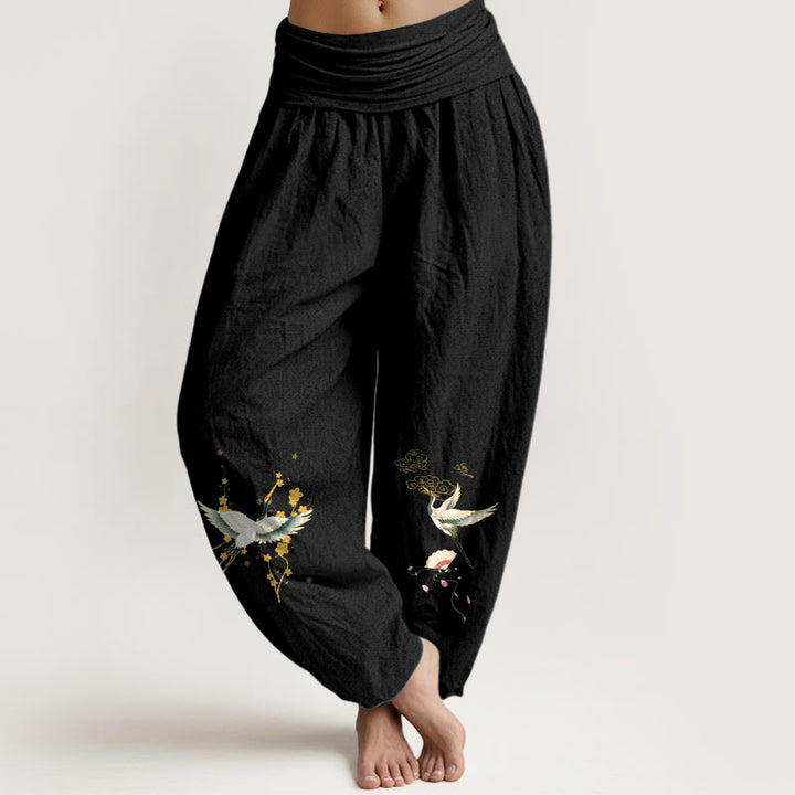 Pantaloni harem da donna in puro cotone con elastico in vita, motivo floreale, motivo con gru, nuvole di buon auspicio Buddha Stones - Nero - US16, UK/AU20, EU48 (3XL) - image 11