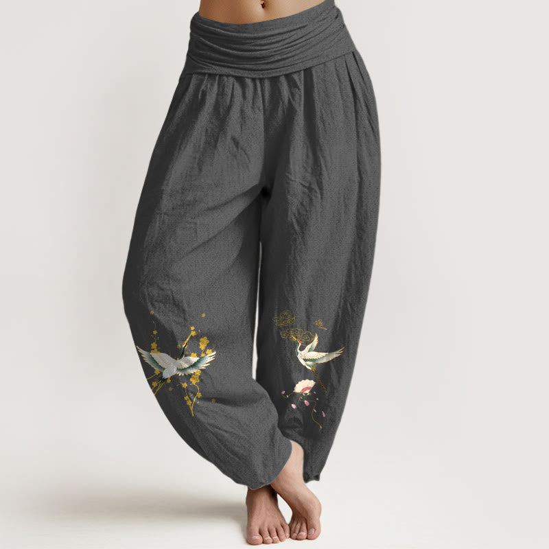 Pantaloni harem da donna in puro cotone con elastico in vita, motivo floreale, motivo con gru, nuvole di buon auspicio Buddha Stones - Grigio tenue - US16, UK/AU20, EU48 (3XL) - image 0