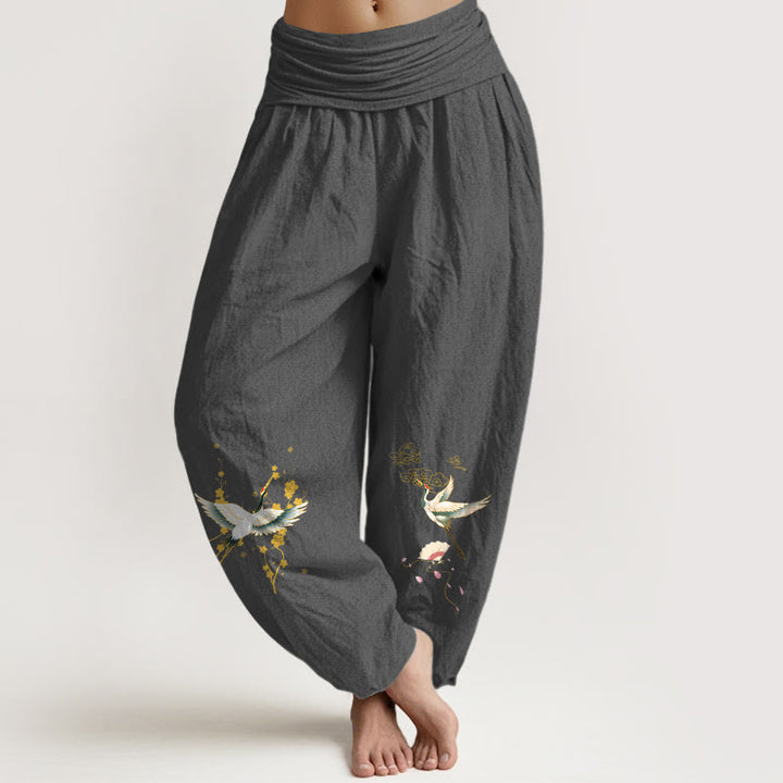 Pantaloni harem da donna in puro cotone con elastico in vita, motivo floreale, motivo con gru, nuvole di buon auspicio Buddha Stones - Grigio tenue - US16, UK/AU20, EU48 (3XL) - image 0