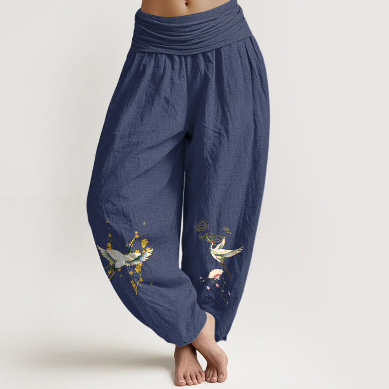 Pantaloni harem da donna in puro cotone con elastico in vita, motivo floreale, motivo con gru, nuvole di buon auspicio Buddha Stones - Blu ardesia scuro - US16, UK/AU20, EU48 (3XL) - image 14