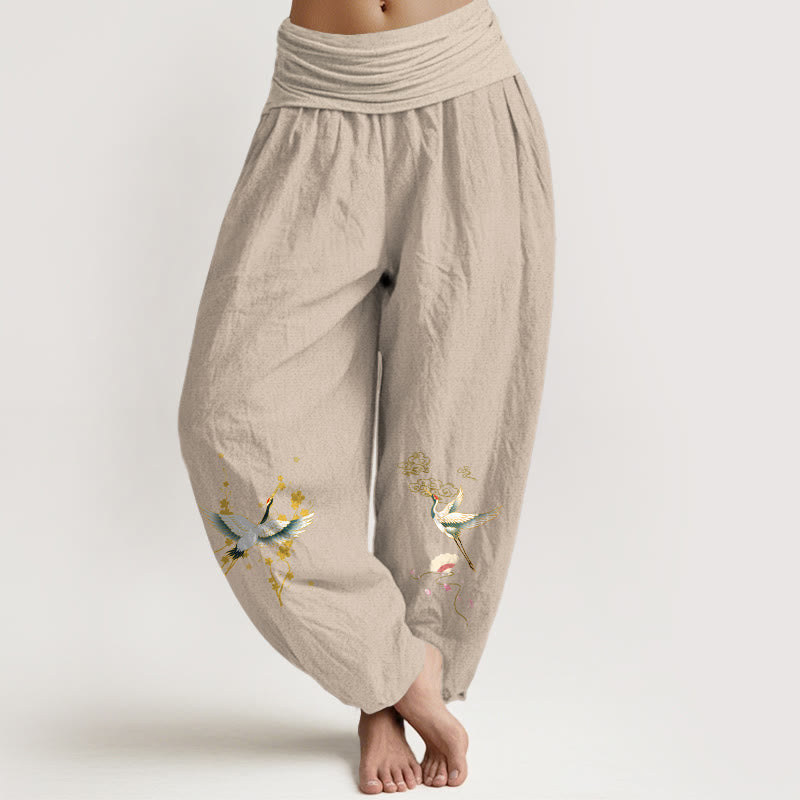 Pantaloni harem da donna in puro cotone con elastico in vita, motivo floreale, motivo con gru, nuvole di buon auspicio Buddha Stones - Tan - US16, UK/AU20, EU48 (3XL) - image 5