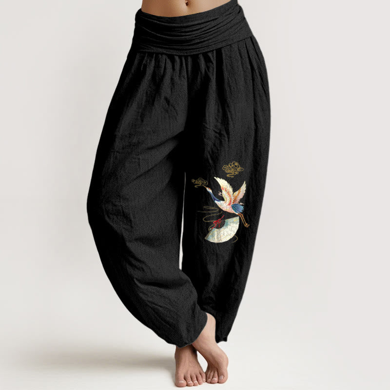 Pantaloni harem in cotone con elastico in vita, motivo a gru, Buddha Stones nuvole di buon auspicio - Nero - US16, UK/AU20, EU48 (3XL) - image 14