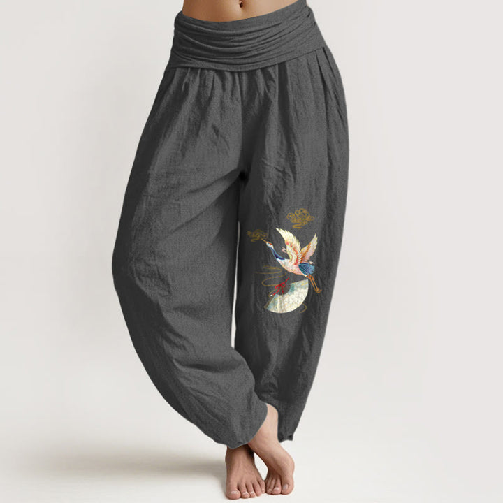 Pantaloni harem in cotone con elastico in vita, motivo a gru, Buddha Stones nuvole di buon auspicio - Grigio scuro - US16, UK/AU20, EU48 (3XL) - image 5