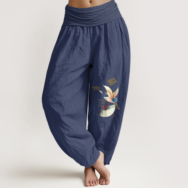 Pantaloni harem in cotone con elastico in vita, motivo a gru, Buddha Stones nuvole di buon auspicio - DarkSlateBlue - US16, UK/AU20, EU48 (3XL) - image 0
