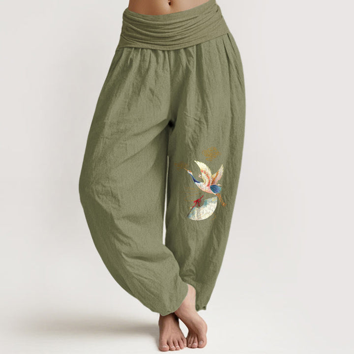 Pantaloni harem in cotone con elastico in vita, motivo a gru, Buddha Stones nuvole di buon auspicio - Verde oliva - US16, UK/AU20, EU48 (3XL) - image 11