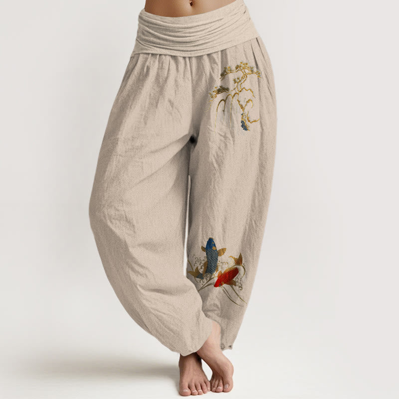 Pantaloni harem da donna con elastico in vita, in puro cotone, con motivo a pesci koi e albero di pino Buddha Stones - Abbronzatura - US16, UK/AU20, EU48 (3XL) - image 11