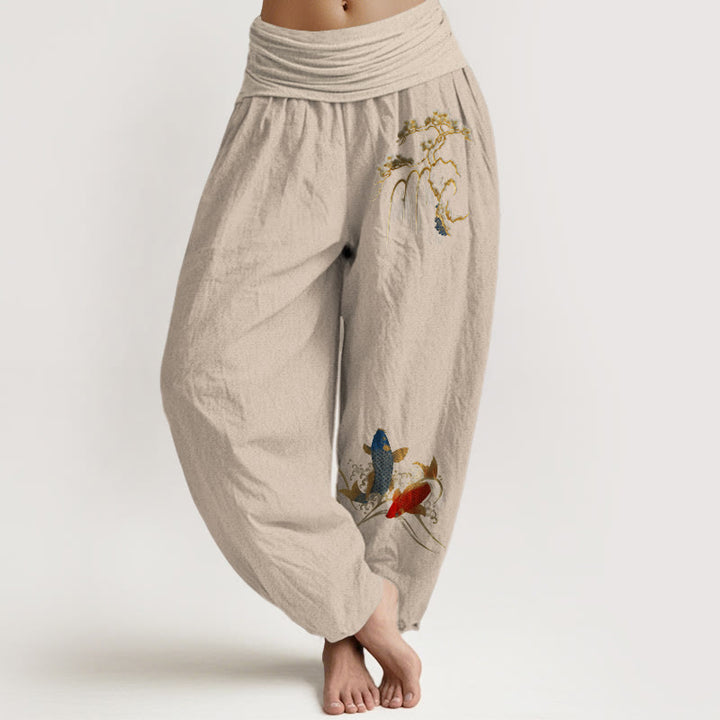 Pantaloni harem da donna con elastico in vita, in puro cotone, con motivo a pesci koi e albero di pino Buddha Stones - Abbronzatura - US16, UK/AU20, EU48 (3XL) - image 11