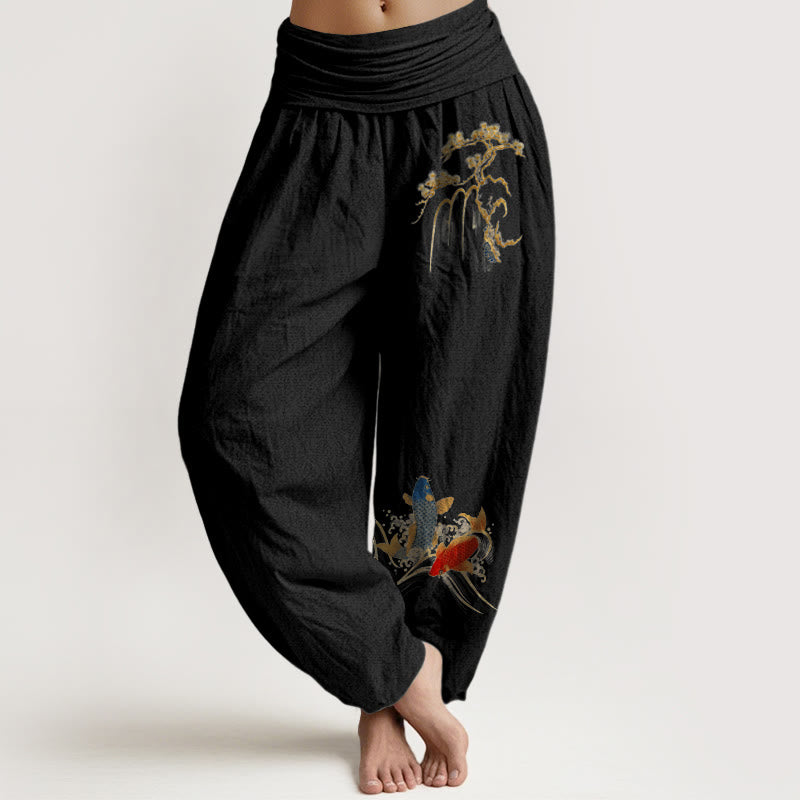 Pantaloni harem da donna con elastico in vita, in puro cotone, con motivo a pesci koi e albero di pino Buddha Stones - Nero - US16, UK/AU20, EU48 (3XL) - image 0
