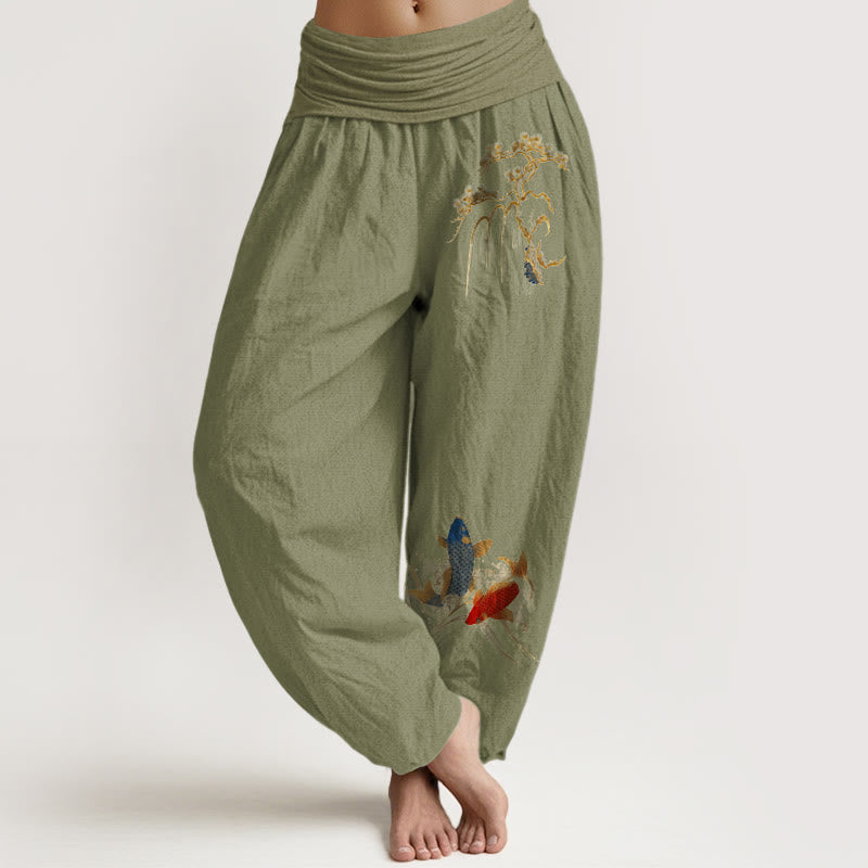 Pantaloni harem da donna con elastico in vita, in puro cotone, con motivo a pesci koi e albero di pino Buddha Stones - Verde oliva - US16, UK/AU20, EU48 (3XL) - image 14