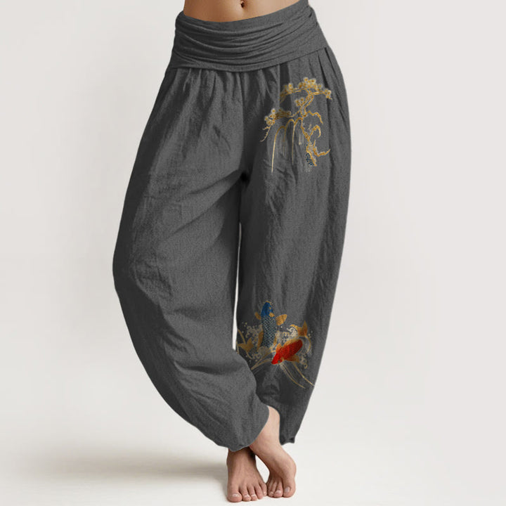 Pantaloni harem da donna con elastico in vita, in puro cotone, con motivo a pesci koi e albero di pino Buddha Stones - Grigio scuro - US16, UK/AU20, EU48 (3XL) - image 8