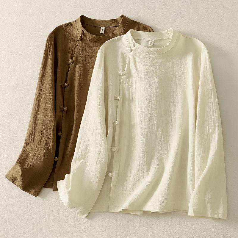 Camicia da donna in cotone a maniche lunghe con bottoni a rana sul davanti asimmetrici Buddha Stones - DarkGoldenrod - US8-10, UK/AU12-14, EU40-42 (2XL) - image 0