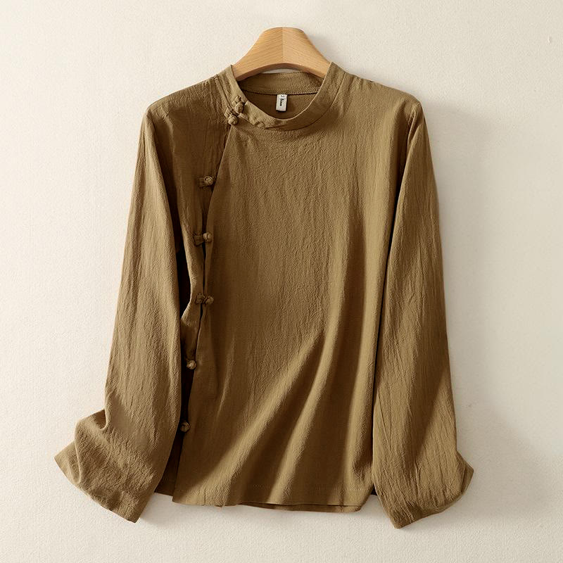 Camicia da donna in cotone a maniche lunghe con bottoni a rana sul davanti asimmetrici Buddha Stones - image 1