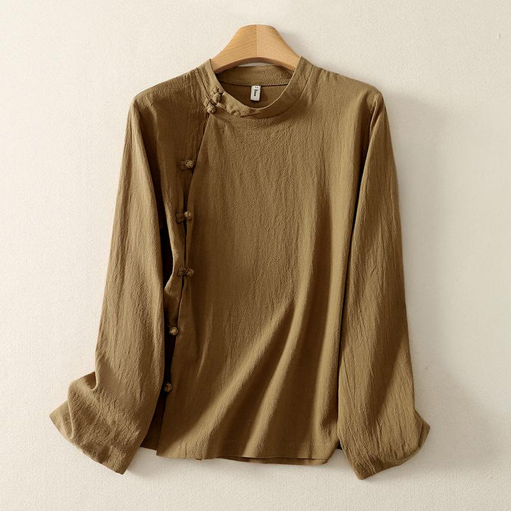 Camicia da donna in cotone a maniche lunghe con bottoni a rana sul davanti asimmetrici Buddha Stones - image 1